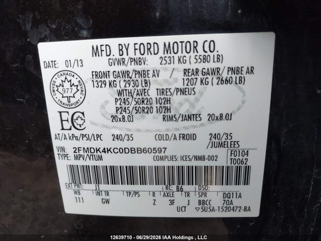 2013 Ford Edge Limited მანქანა იყიდება აუქციონზე, vin: 2FMDK4KC0DBB60597, აუქციონის ნომერი: 12639710