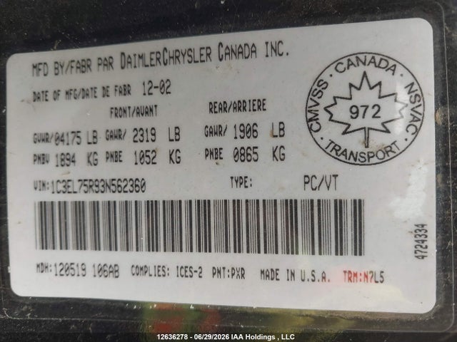 2003 Chrysler Sebring Gtc მანქანა იყიდება აუქციონზე, vin: 1C3EL75R93N562360, აუქციონის ნომერი: 12636278