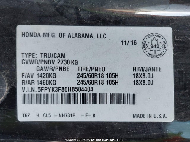 12647216 :رقم المزاد ، 5FPYK3F80HB504404 vin ، 2017 Honda Ridgeline Black Edition مزاد بيع