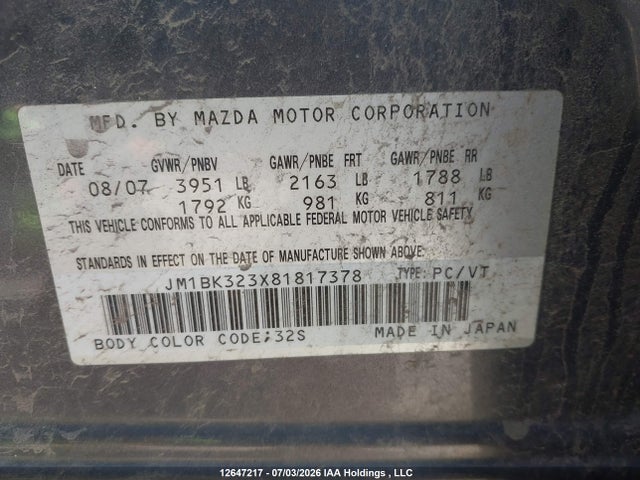 Продаж на аукціоні авто 2008 Mazda Mazda3 Gt, vin: JM1BK323X81817378, номер лоту: 12647217
