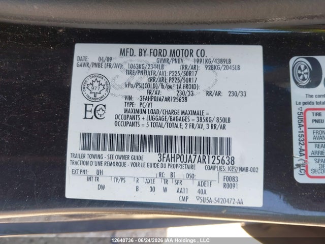 12640736 :رقم المزاد ، 3FAHP0JA7AR125638 vin ، 2010 Ford Fusion Sel مزاد بيع