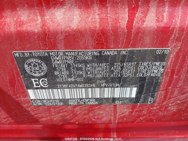 Продажа на аукционе авто 2010 Toyota Rav4, vin: 2T3BF4DV7AW039346, номер лота: 12647220