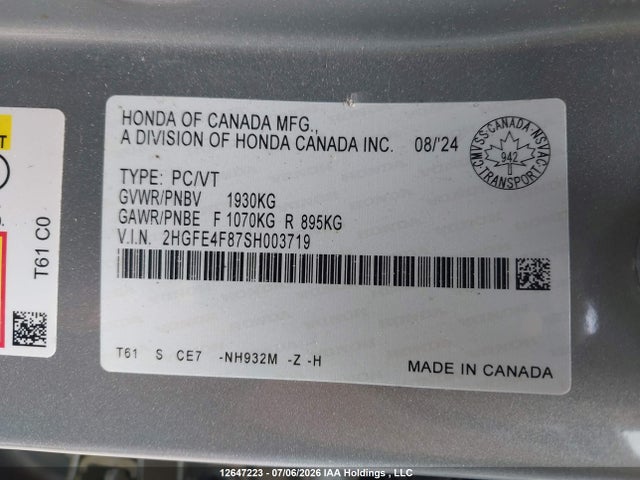Продажа на аукционе авто 2025 Honda Civic Sport Hybrid/sport Touring Hybrid, vin: 2HGFE4F87SH003719, номер лота: 12647223