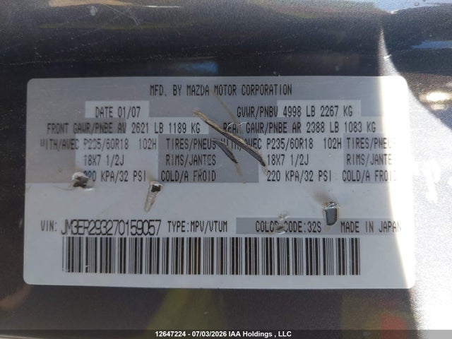 12647224 :رقم المزاد ، JM3ER293270159057 vin ، 2007 Mazda Cx-7 Gs/gt مزاد بيع