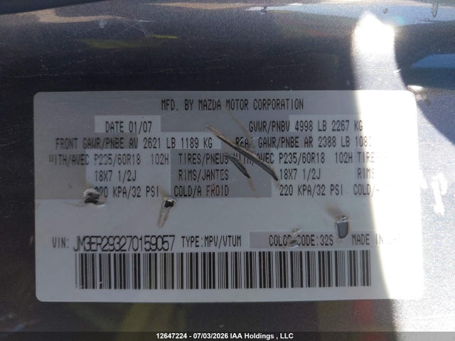 12647224 :رقم المزاد ، JM3ER293270159057 vin ، 2007 Mazda Cx-7 Gs/gt مزاد بيع