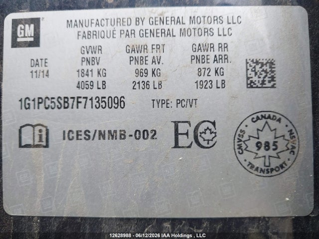 Aukcja sprzedaży 2015 Chevrolet Cruze 1lt, vin: 1G1PC5SB7F7135096, numer aukcji: 12628988