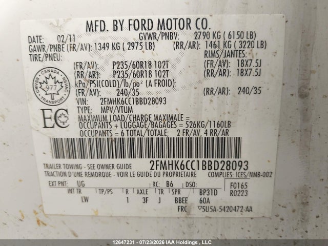 2011 Ford Flex Sel მანქანა იყიდება აუქციონზე, vin: 2FMHK6CC1BBD28093, აუქციონის ნომერი: 12647231