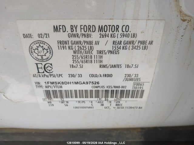Ford EXPLORER XLT 2021 1FMSK8DH1MGA97526 Image 9
