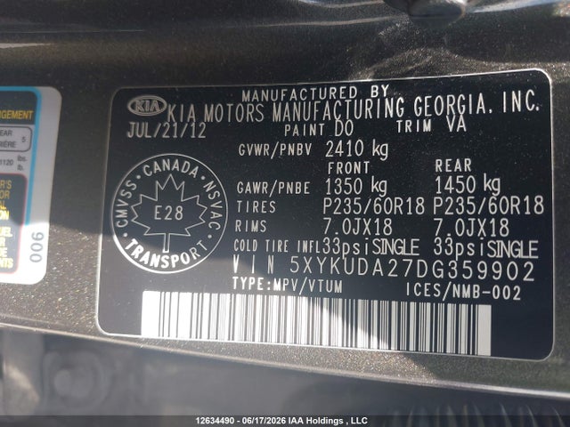 Продажа на аукционе авто 2013 Kia Sorento Ex Luxury V6/ex V6, vin: 5XYKUDA27DG359902, номер лота: 12634490