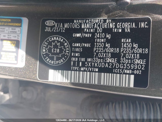 Продажа на аукционе авто 2013 Kia Sorento Ex Luxury V6/ex V6, vin: 5XYKUDA27DG359902, номер лота: 12634490