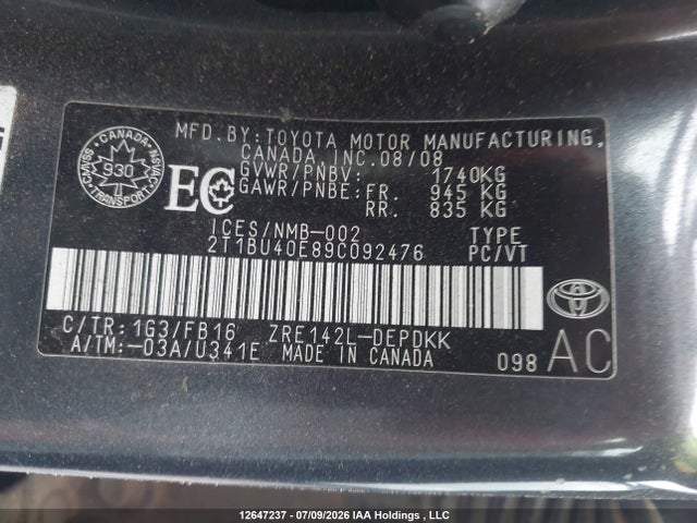 Продаж на аукціоні авто 2009 Toyota Corolla Ce, vin: 2T1BU40E89C092476, номер лоту: 12647237