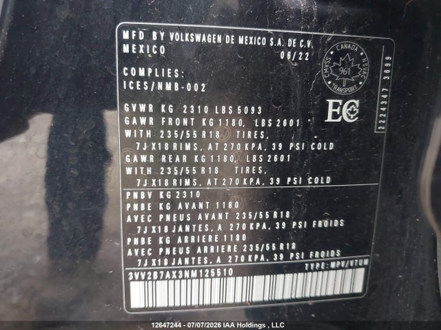 3VV2B7AX3NM125510 Volkswagen TIGUAN SE