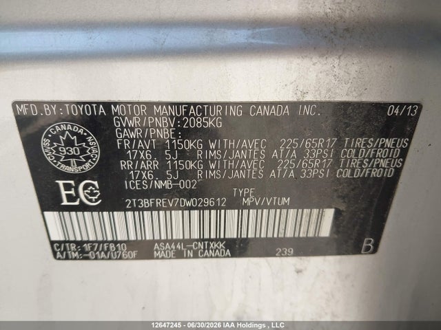 2013 Toyota Rav4 Le მანქანა იყიდება აუქციონზე, vin: 2T3BFREV7DW029612, აუქციონის ნომერი: 12647245