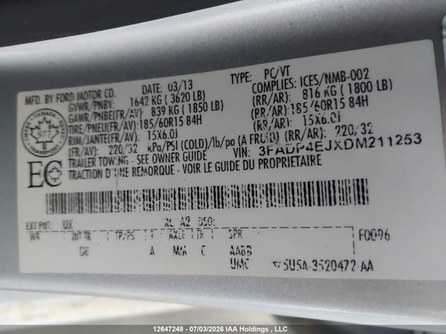 12647248 :رقم المزاد ، 3FADP4EJXDM211253 vin ، 2013 Ford Fiesta Se مزاد بيع