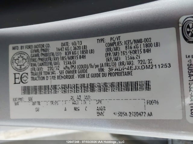 12647248 :رقم المزاد ، 3FADP4EJXDM211253 vin ، 2013 Ford Fiesta Se مزاد بيع