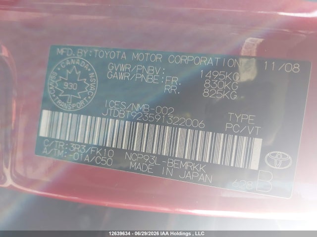 12639634 :رقم المزاد ، JTDBT923591322006 vin ، 2009 Toyota Yaris مزاد بيع