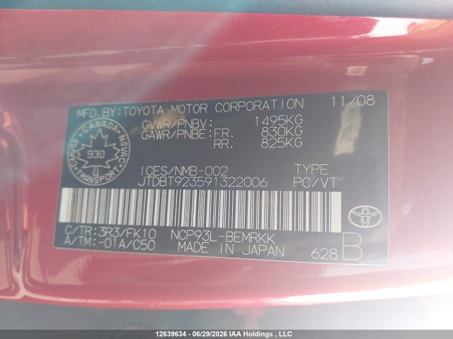 12639634 :رقم المزاد ، JTDBT923591322006 vin ، 2009 Toyota Yaris مزاد بيع