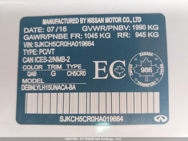 Продажа на аукционе авто 2017 Infiniti Qx30, vin: SJKCH5CR0HA019664, номер лота: 12647254