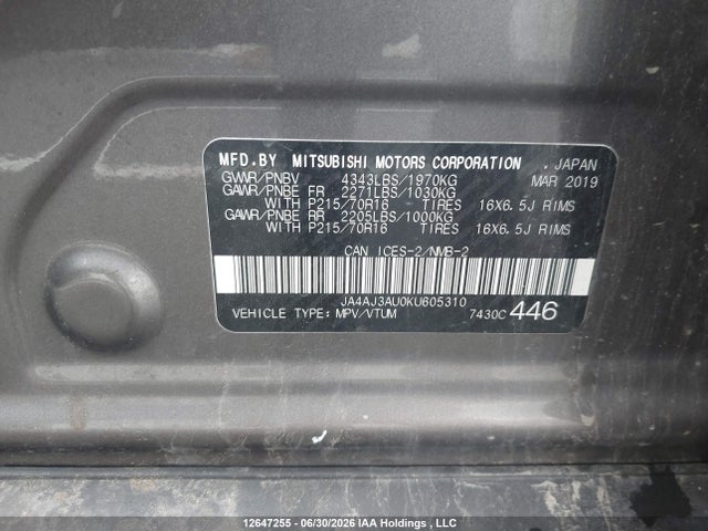 12647255 :رقم المزاد ، JA4AJ3AU0KU605310 vin ، 2019 Mitsubishi Rvr Se مزاد بيع