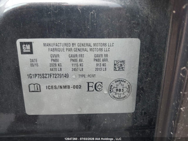 2015 Chevrolet Cruze Diesel მანქანა იყიდება აუქციონზე, vin: 1G1P75SZ7F7279149, აუქციონის ნომერი: 12647260