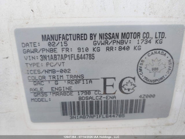 Aukcja sprzedaży 2015 Nissan Sentra 1.8 S/1.8 Sl/1.8 Sr/1.8 Sv, vin: 3N1AB7AP1FL644785, numer aukcji: 12647264