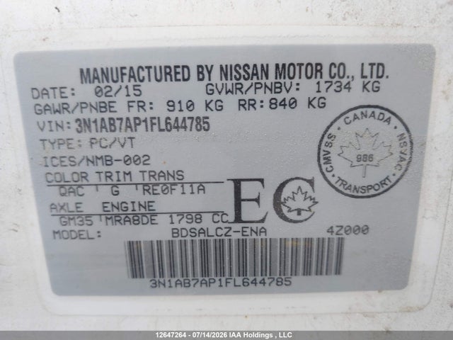 Aukcja sprzedaży 2015 Nissan Sentra 1.8 S/1.8 Sl/1.8 Sr/1.8 Sv, vin: 3N1AB7AP1FL644785, numer aukcji: 12647264