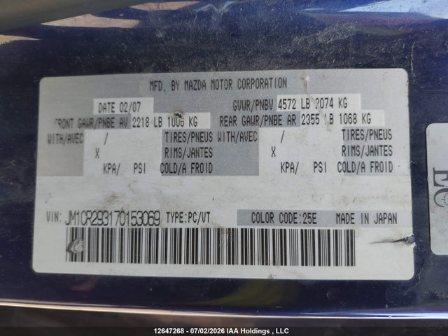 12647268 :رقم المزاد ، JM1CR293170153069 vin ، 2007 Mazda 5 مزاد بيع