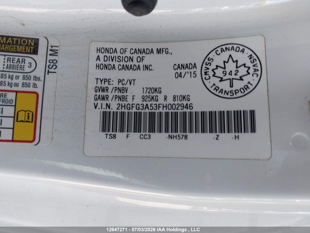 Aukcja sprzedaży 2015 Honda Civic Lx, vin: 2HGFG3A53FH002946, numer aukcji: 12647271