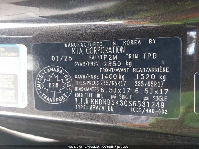 12647272 :رقم المزاد ، KNDNB5K30S6531249 vin ، 2025 Kia Carnival Lx/lxs مزاد بيع