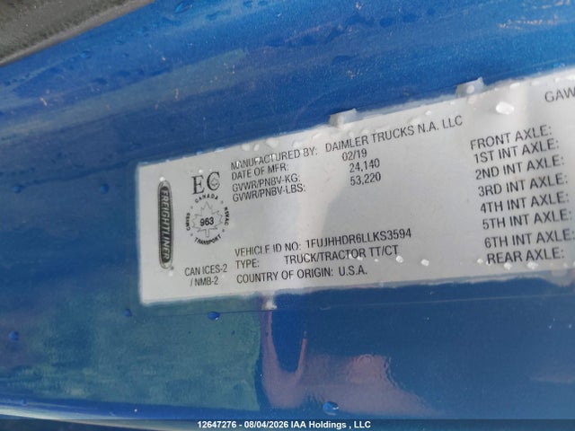 12647276 :رقم المزاد ، 1FUJHHDR6LLKS3594 vin ، 2020 Freightliner New Cascadia 126 مزاد بيع