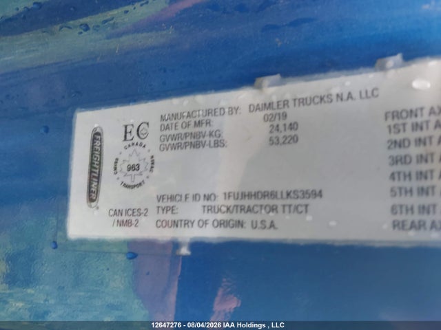 12647276 :رقم المزاد ، 1FUJHHDR6LLKS3594 vin ، 2020 Freightliner New Cascadia 126 مزاد بيع