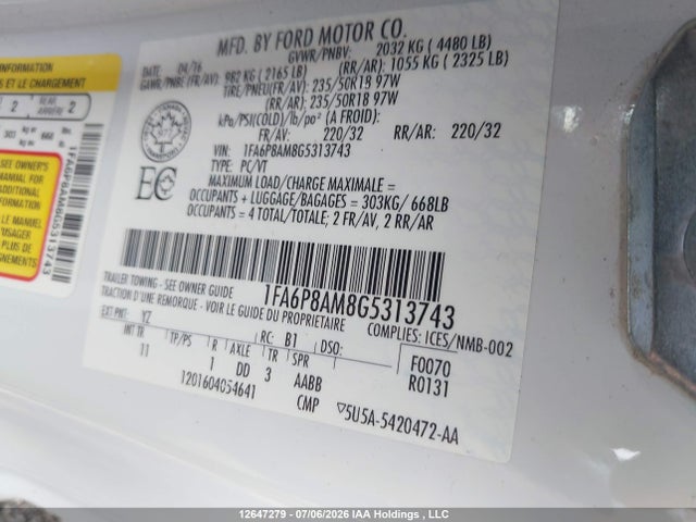 12647279 :رقم المزاد ، 1FA6P8AM8G5313743 vin ، 2016 Ford Mustang مزاد بيع