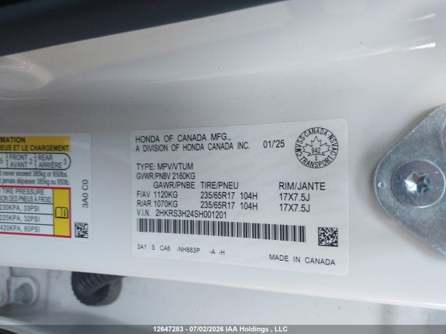 2025 Honda Cr-v Lx 2wd მანქანა იყიდება აუქციონზე, vin: 2HKRS3H24SH001201, აუქციონის ნომერი: 12647283