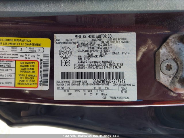 Aukcja sprzedaży 2013 Ford Fusion, vin: 3FA6P0T96DR257949, numer aukcji: 12647285