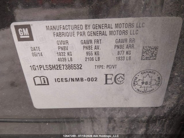 Auction sale of the 2014 Chevrolet Cruze 2ls, vin: 1G1PL5SH2E7386532, lot number: 12647289