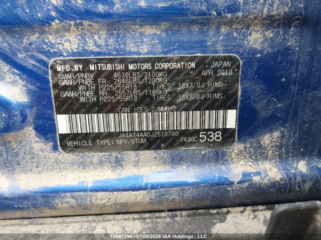 12647296 :رقم المزاد ، JA4AT4AA0JZ615780 vin ، 2018 Mitsubishi Eclipse Cross Gt/se مزاد بيع