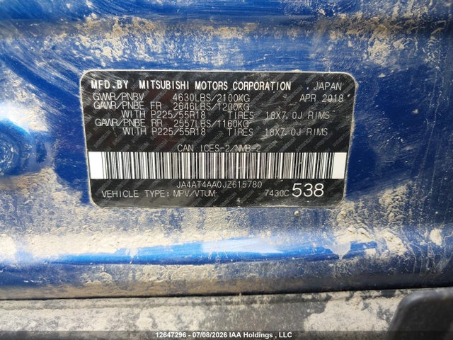 12647296 :رقم المزاد ، JA4AT4AA0JZ615780 vin ، 2018 Mitsubishi Eclipse Cross Gt/se مزاد بيع