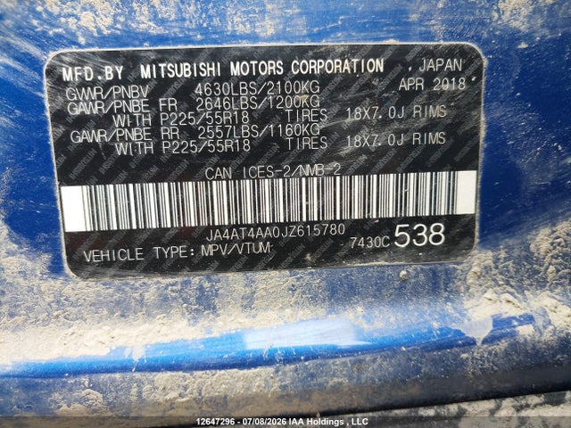 12647296 :رقم المزاد ، JA4AT4AA0JZ615780 vin ، 2018 Mitsubishi Eclipse Cross Gt/se مزاد بيع