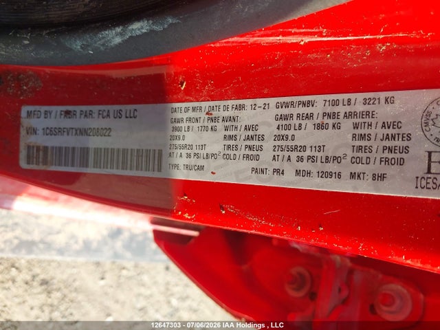 2022 Ram 1500 Sport მანქანა იყიდება აუქციონზე, vin: 1C6SRFVTXNN208022, აუქციონის ნომერი: 12647303