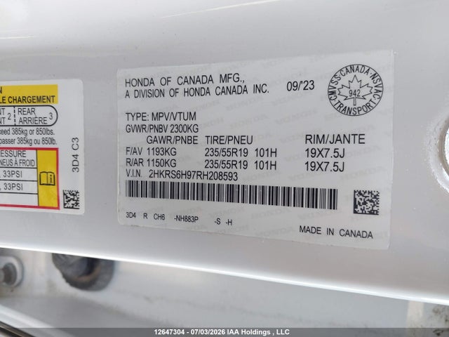 2024 Honda Cr-v Touring Hybrid მანქანა იყიდება აუქციონზე, vin: 2HKRS6H97RH208593, აუქციონის ნომერი: 12647304