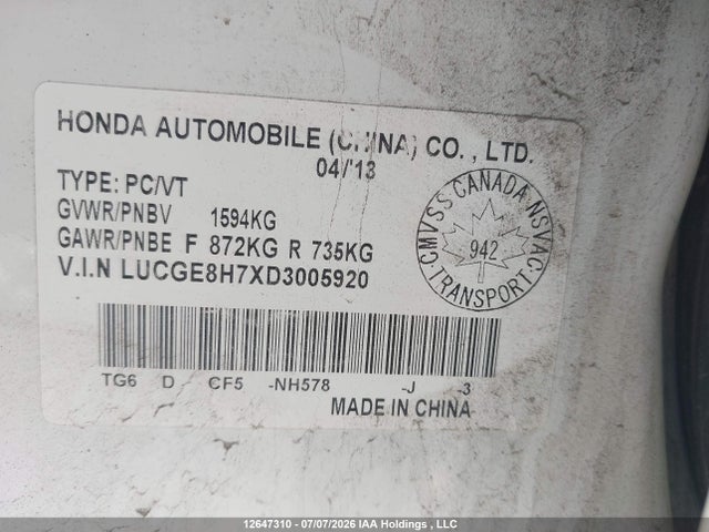 2013 Honda Fit Sport მანქანა იყიდება აუქციონზე, vin: LUCGE8H7XD3005920, აუქციონის ნომერი: 12647310