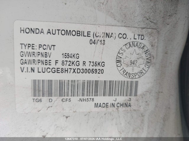 2013 Honda Fit Sport მანქანა იყიდება აუქციონზე, vin: LUCGE8H7XD3005920, აუქციონის ნომერი: 12647310