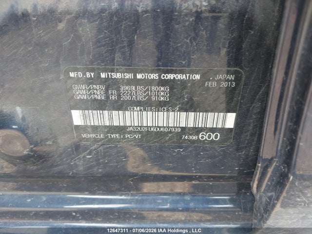 12647311 :رقم المزاد ، JA32U2FU6DU607939 vin ، 2013 Mitsubishi Lancer Se مزاد بيع