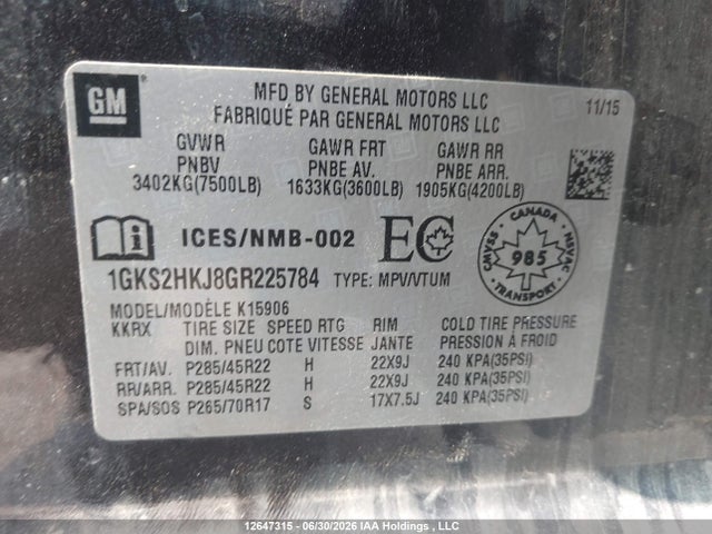 12647315 :رقم المزاد ، 1GKS2HKJ8GR225784 vin ، 2016 Gmc Yukon Xl Denali Denali مزاد بيع
