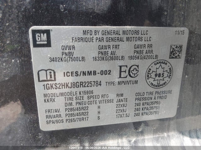 12647315 :رقم المزاد ، 1GKS2HKJ8GR225784 vin ، 2016 Gmc Yukon Xl Denali Denali مزاد بيع