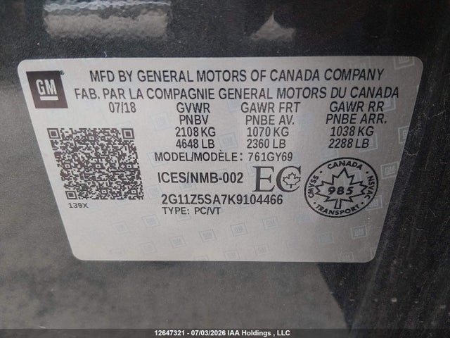 2019 Chevrolet Impala Lt მანქანა იყიდება აუქციონზე, vin: 2G11Z5SA7K9104466, აუქციონის ნომერი: 12647321