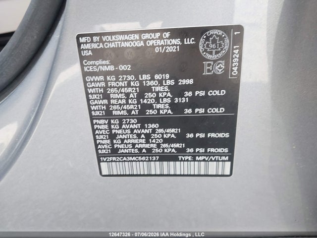 2021 Volkswagen Atlas 3.6 Fsi Execline მანქანა იყიდება აუქციონზე, vin: 1V2FR2CA3MC562137, აუქციონის ნომერი: 12647326