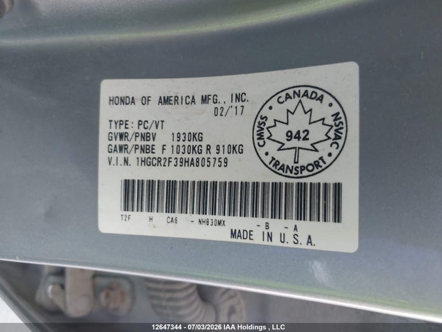 12647344 :رقم المزاد ، 1HGCR2F39HA805759 vin ، 2017 Honda Accord Lx مزاد بيع