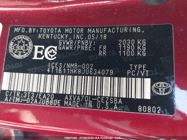 12647345 :رقم المزاد ، 4T1B11HK8JU634079 vin ، 2018 Toyota Camry L/le/xle/se/xse مزاد بيع