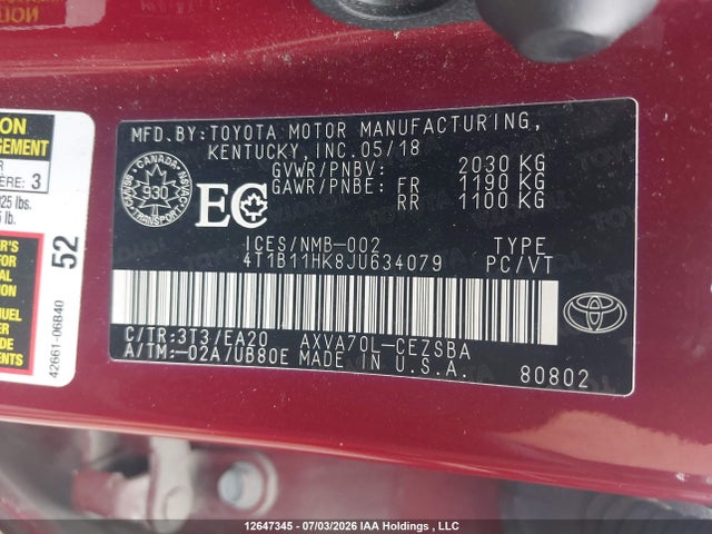 12647345 :رقم المزاد ، 4T1B11HK8JU634079 vin ، 2018 Toyota Camry L/le/xle/se/xse مزاد بيع